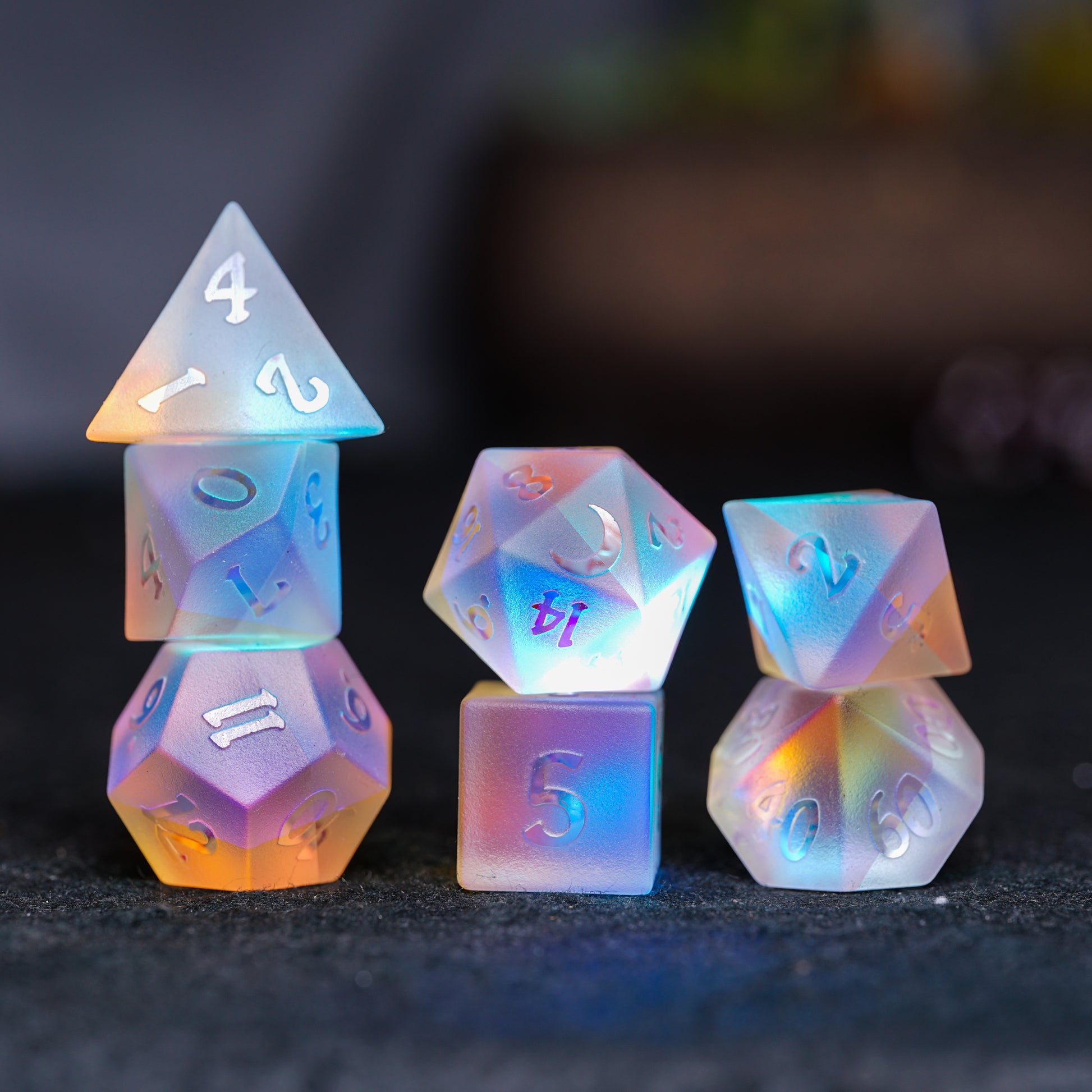 Embossed Iridescent K9 Engraved Glass Dice Set - DragonStone