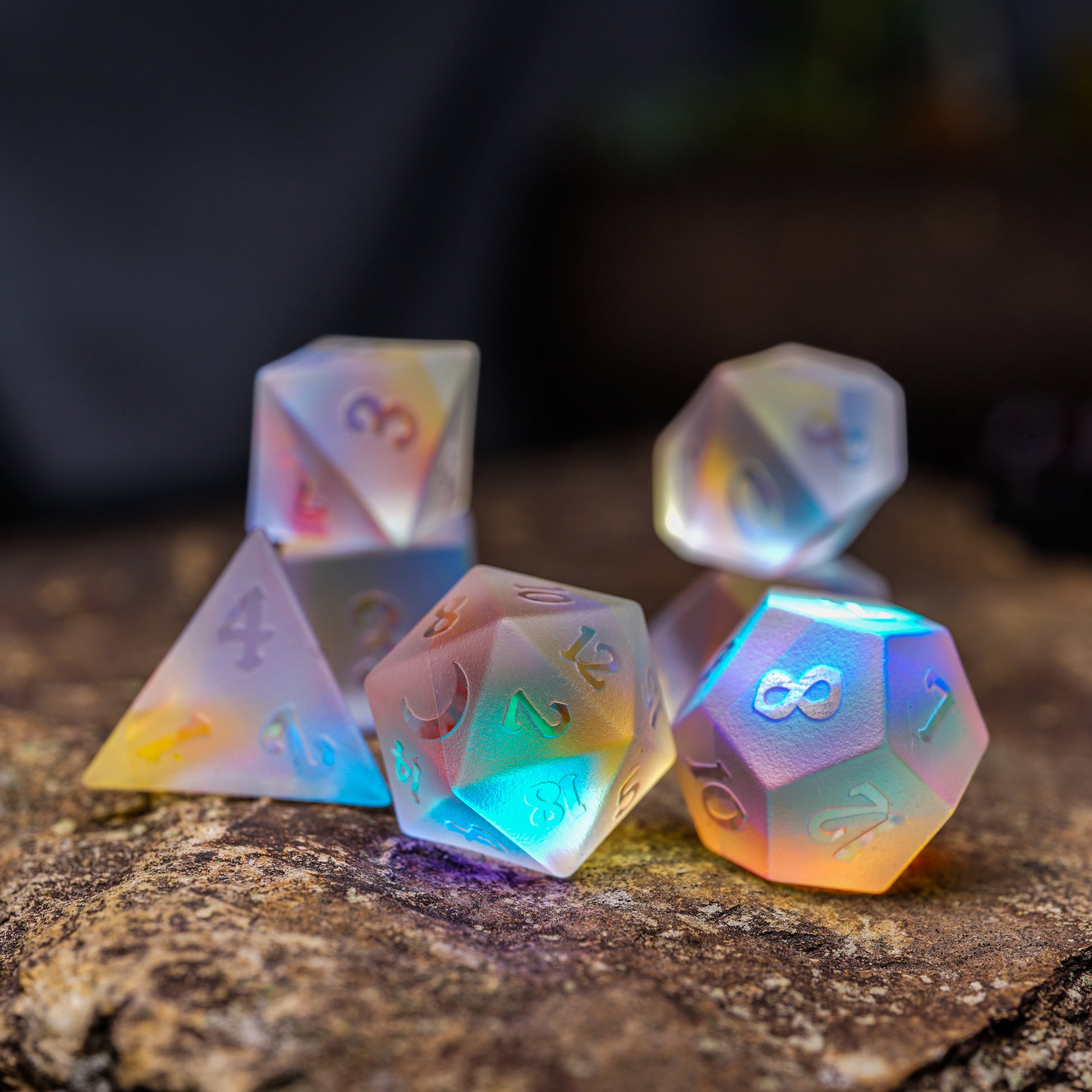 Embossed Iridescent K9 Engraved Glass Dice Set - DragonStone