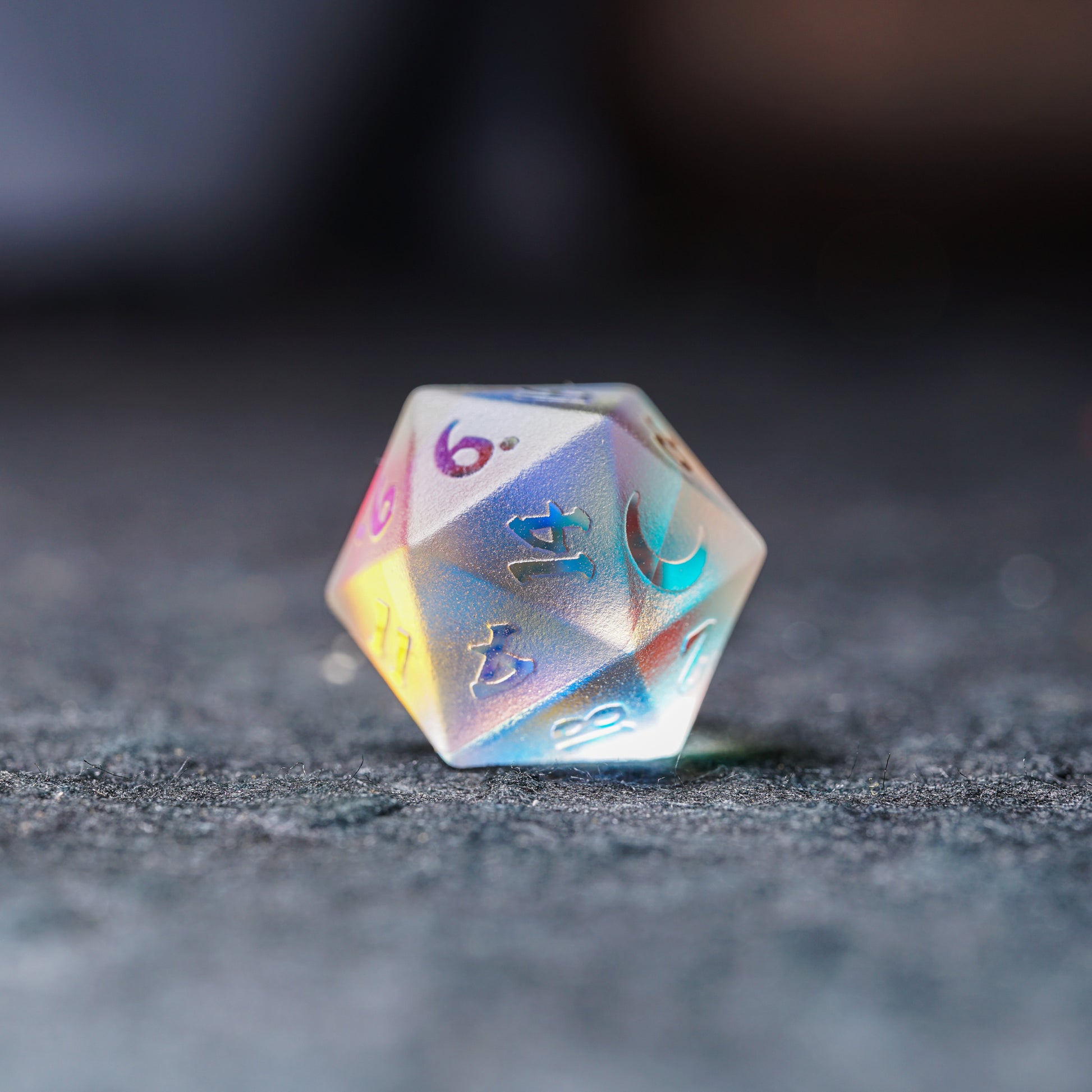 Embossed Iridescent K9 Engraved Glass Dice Set - DragonStone