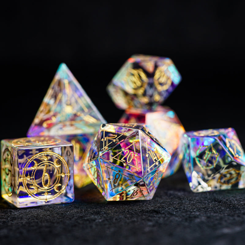 Embossed Iridescent Crystal Starry Sky Engraved Glass Dice Set - DragonStone