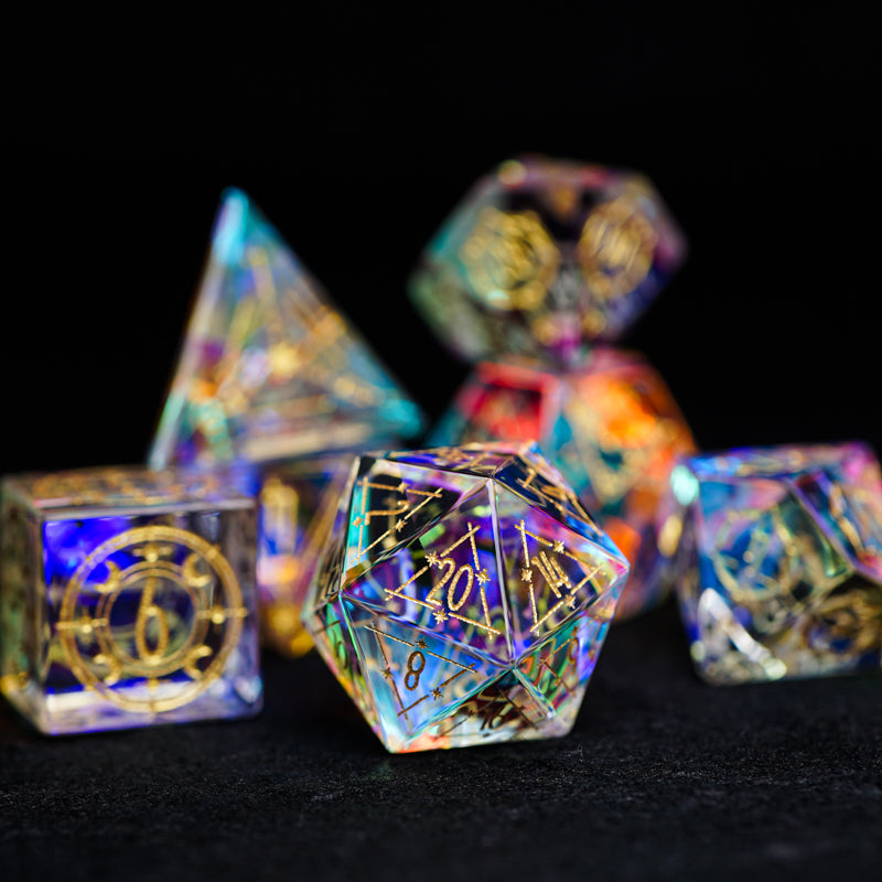 Embossed Iridescent Crystal Starry Sky Engraved Glass Dice Set - DragonStone
