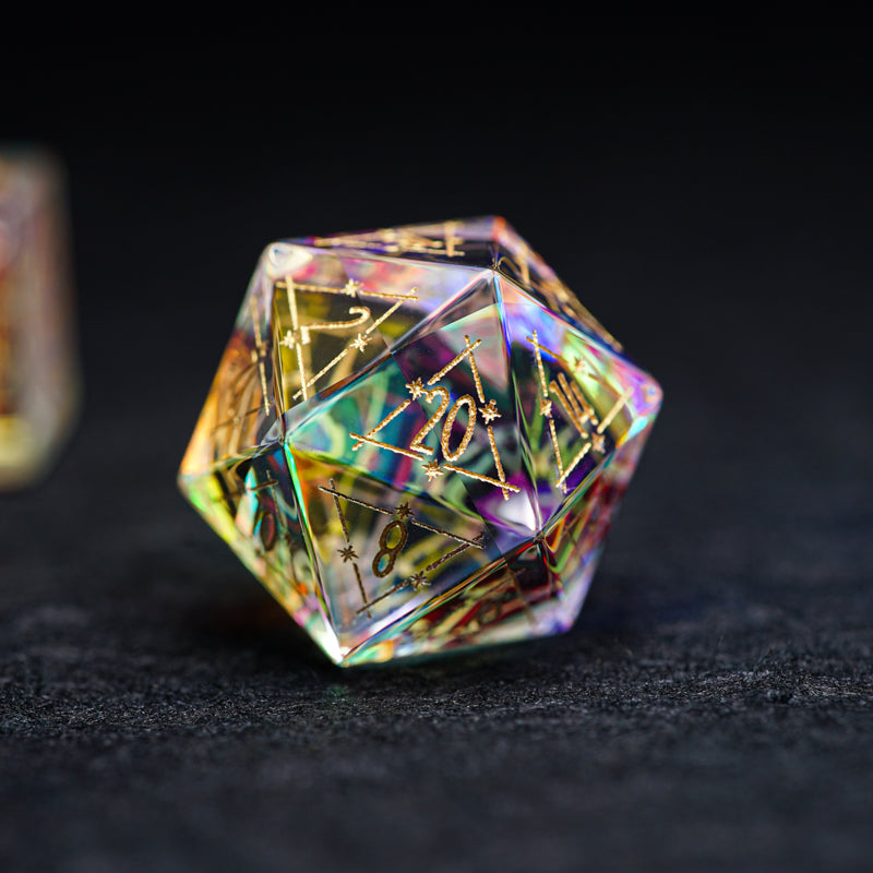 Embossed Iridescent Crystal Starry Sky Engraved Glass Dice Set - DragonStone