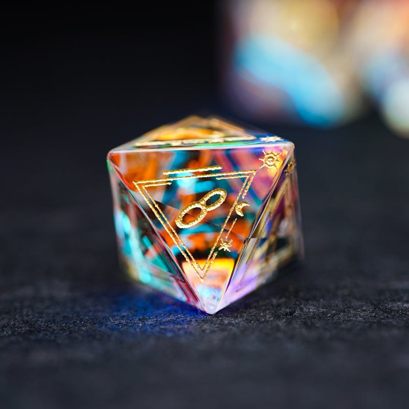 Embossed Iridescent Crystal Starry Sky Engraved Glass Dice Set - DragonStone