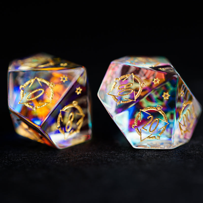 Embossed Iridescent Crystal Starry Sky Engraved Glass Dice Set - DragonStone