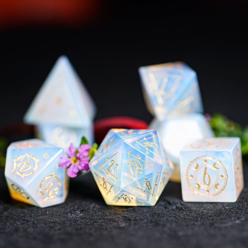 Moon Divination Opalite Engraved Gemstone Dice Set - DragonStone