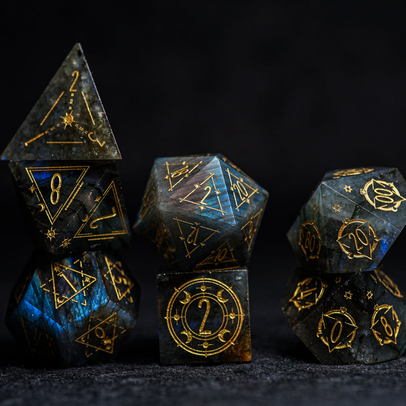 Zeus's Gallery Labradorite Engraved Gemstone Dice Set - DragonStone