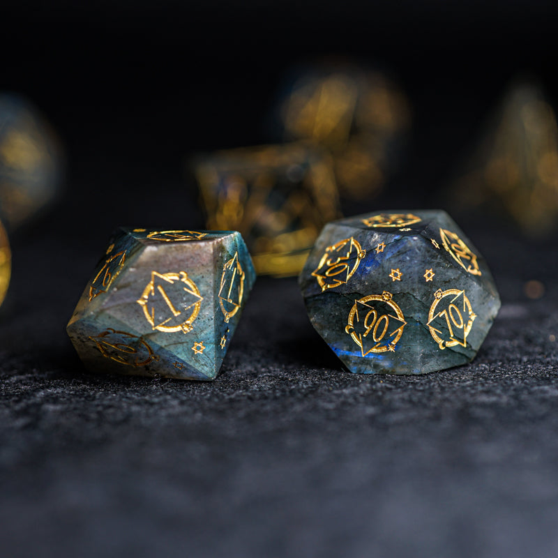 Zeus's Gallery Labradorite Engraved Gemstone Dice Set - DragonStone