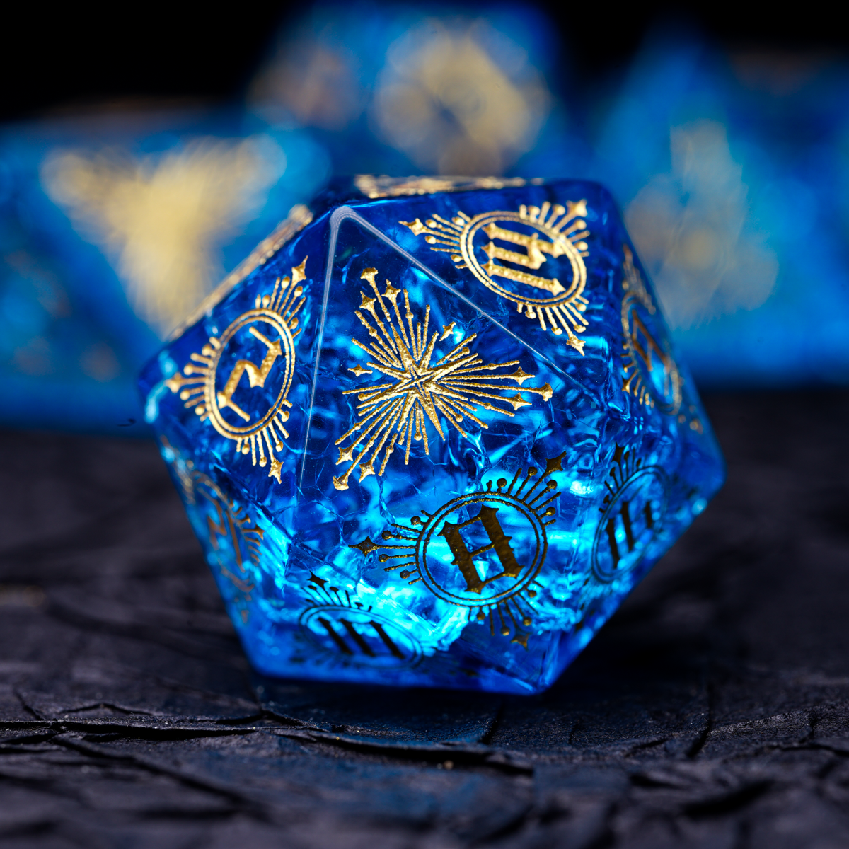 Blue Flash Zircon Engraved Gemstone Dice Set - DragonStone