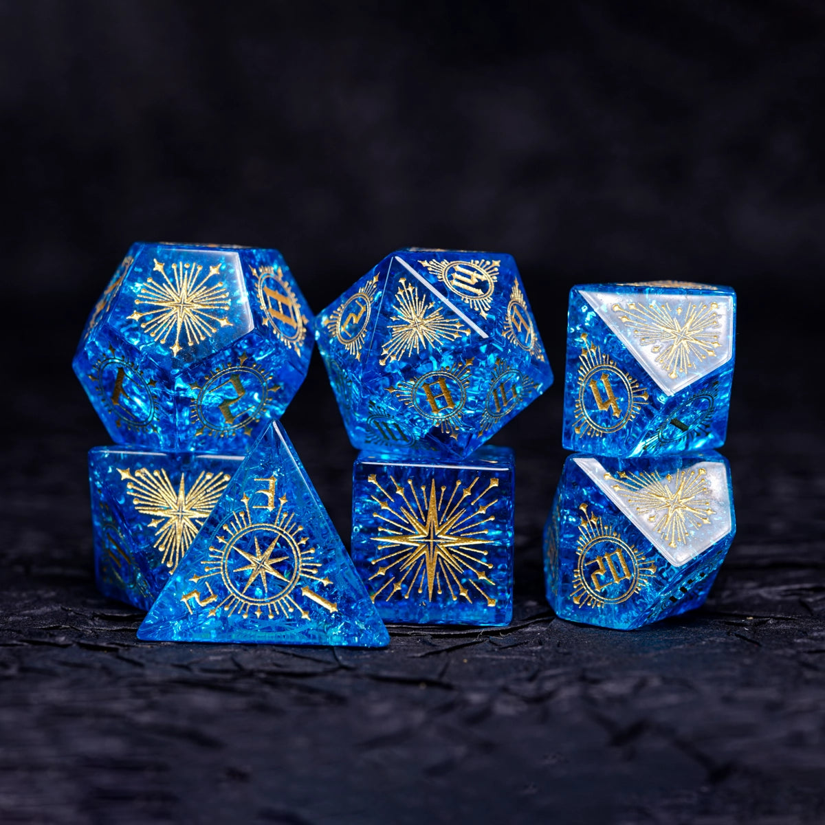 Blue Flash Zircon Engraved Gemstone Dice Set - DragonStone