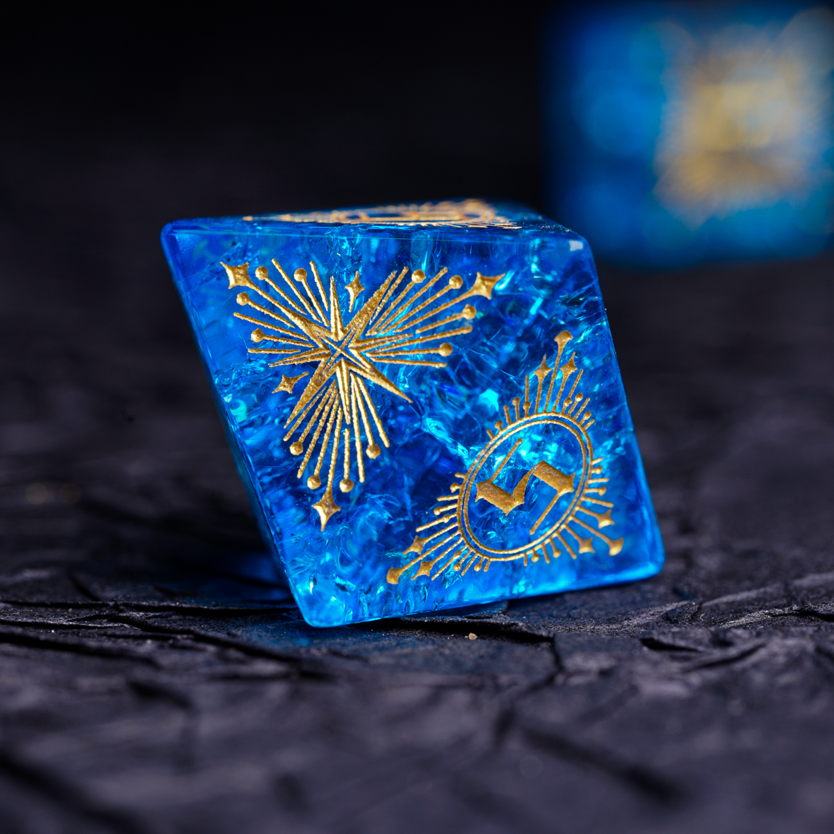 Blue Flash Zircon Engraved Gemstone Dice Set - DragonStone