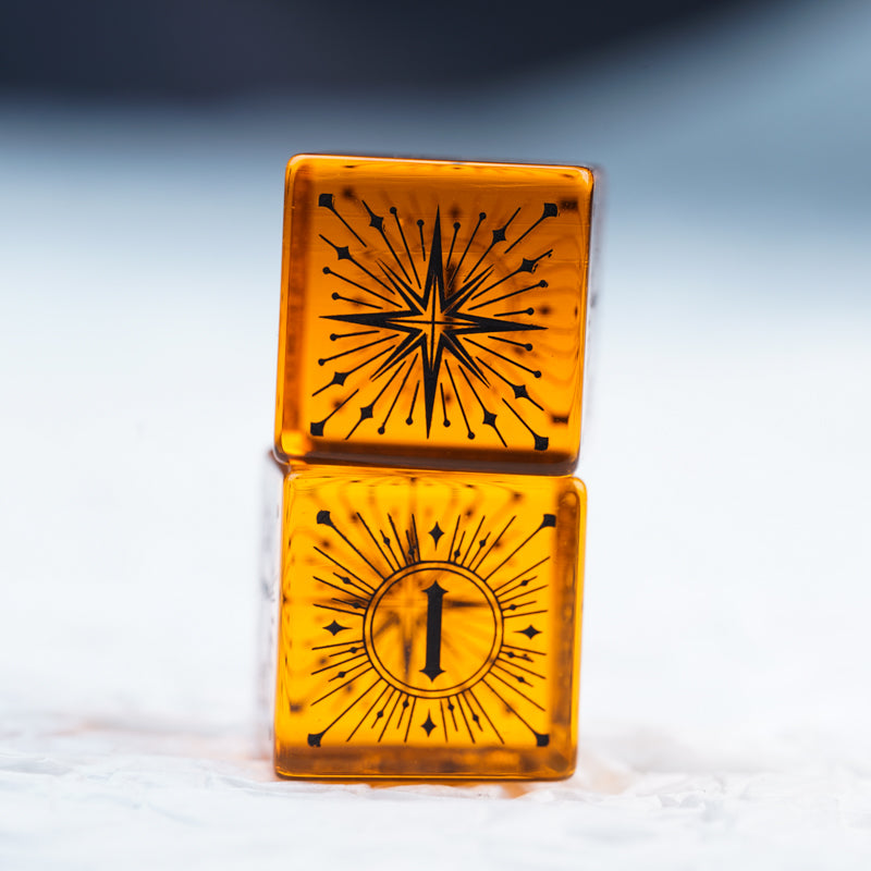 Temporal Singularity Orange Zircon Engraved Gemstone Dice Set - DragonStone