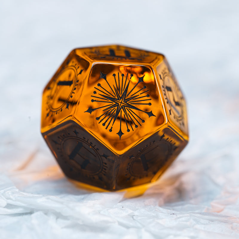 Temporal Singularity Orange Zircon Engraved Gemstone Dice Set - DragonStone