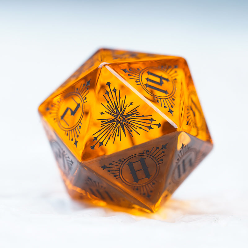 Temporal Singularity Orange Zircon Engraved Gemstone Dice Set - DragonStone
