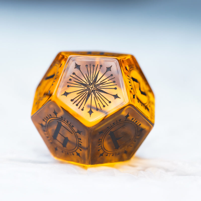 Temporal Singularity Orange Zircon Engraved Gemstone Dice Set - DragonStone