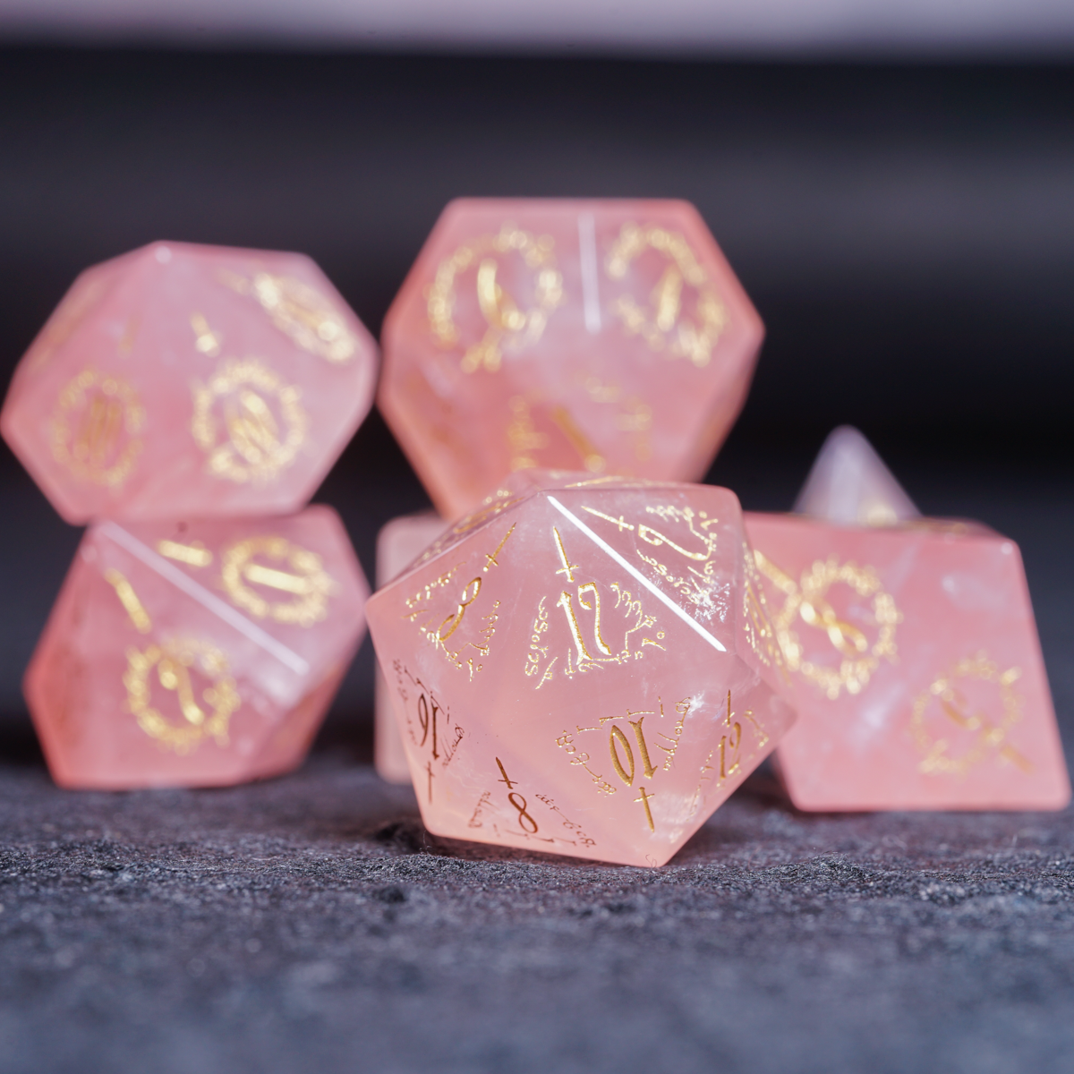 Elven Whisper Natural Rose Quartz Engraved Gemstone Dice Set - DragonStone