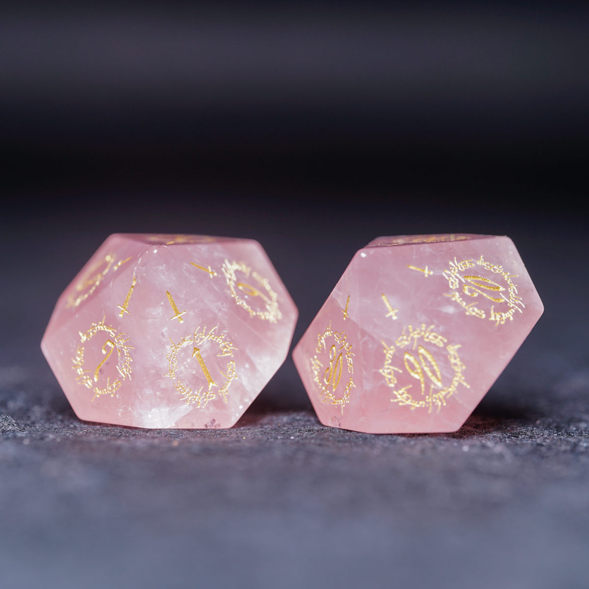 Elven Whisper Natural Rose Quartz Engraved Gemstone Dice Set - DragonStone