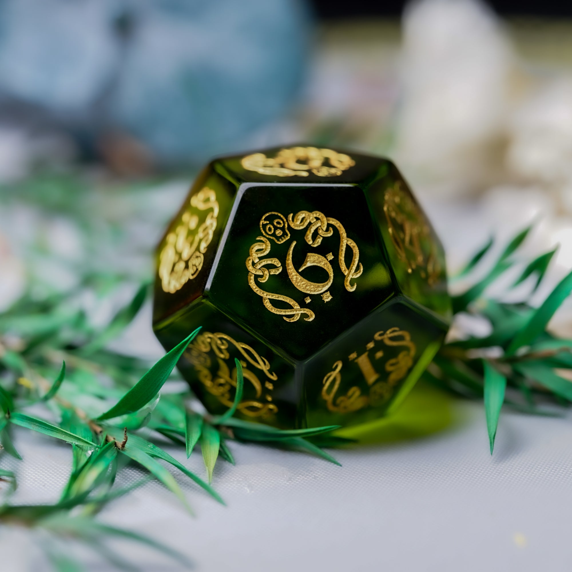 Cthulhu Tentacle Pattern Peridot Engraved Gemstone Dice Set - DragonStone
