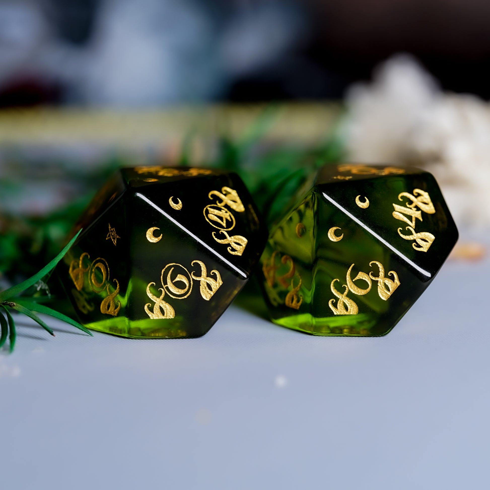 Cthulhu Tentacle Pattern Peridot Engraved Gemstone Dice Set - DragonStone