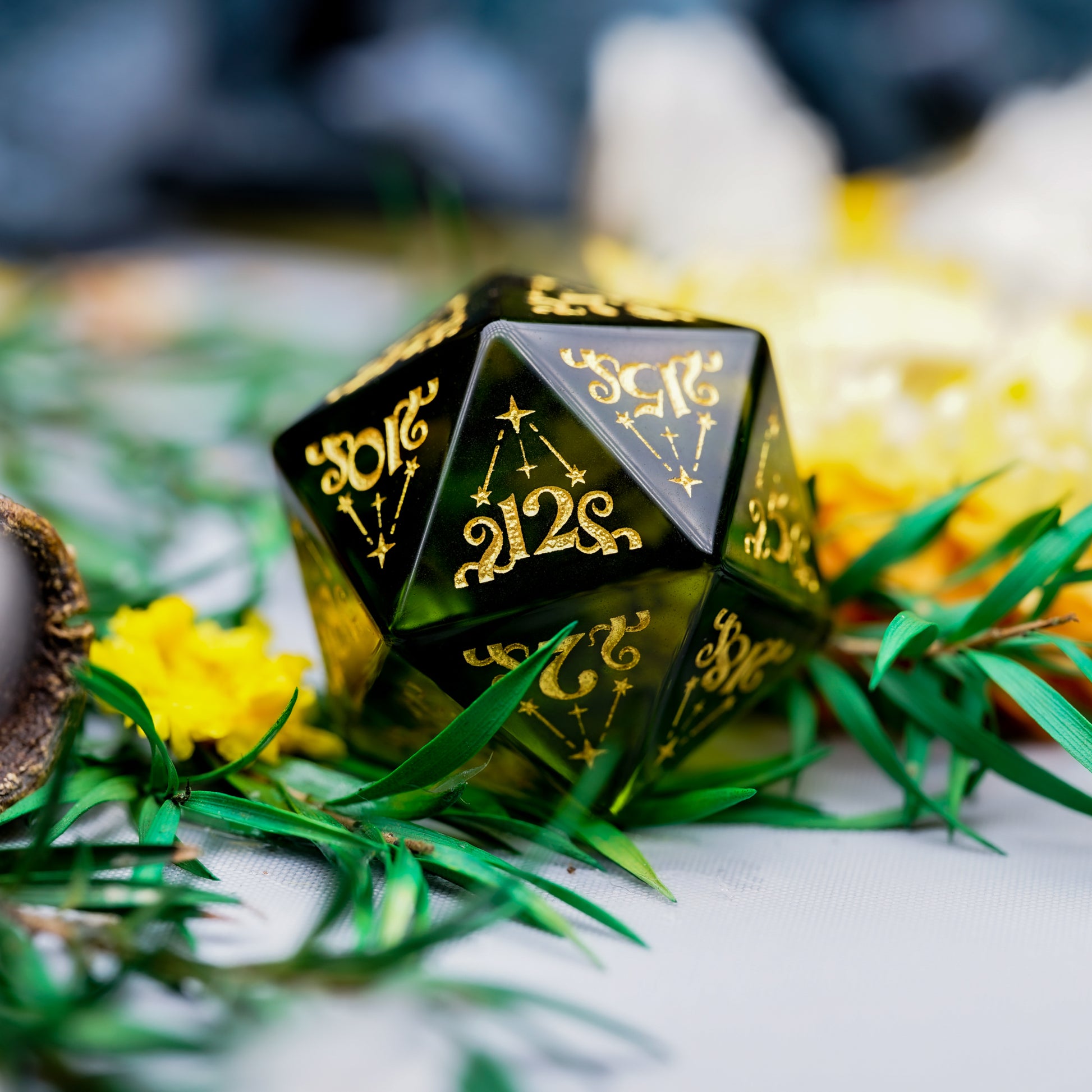 Cthulhu Tentacle Pattern Peridot Engraved Gemstone Dice Set - DragonStone