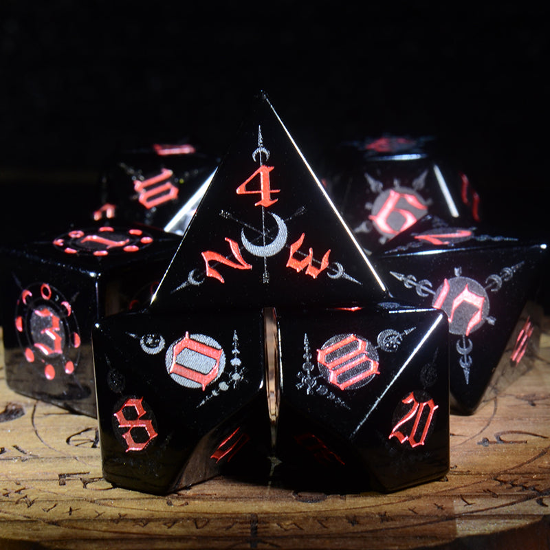 Moon Magic Sigil Obsidian Engraved Gemstone Dice Set - DragonStone