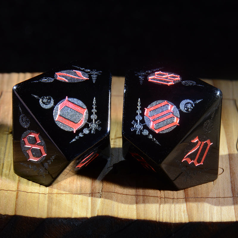 Moon Magic Sigil Obsidian Engraved Gemstone Dice Set - DragonStone