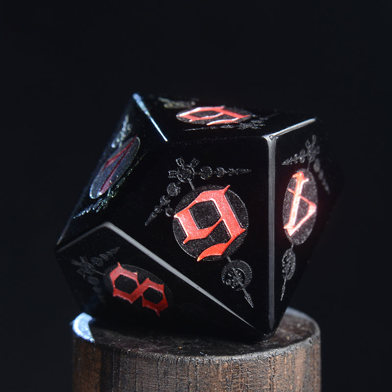 Moon Magic Sigil Obsidian Engraved Gemstone Dice Set - DragonStone
