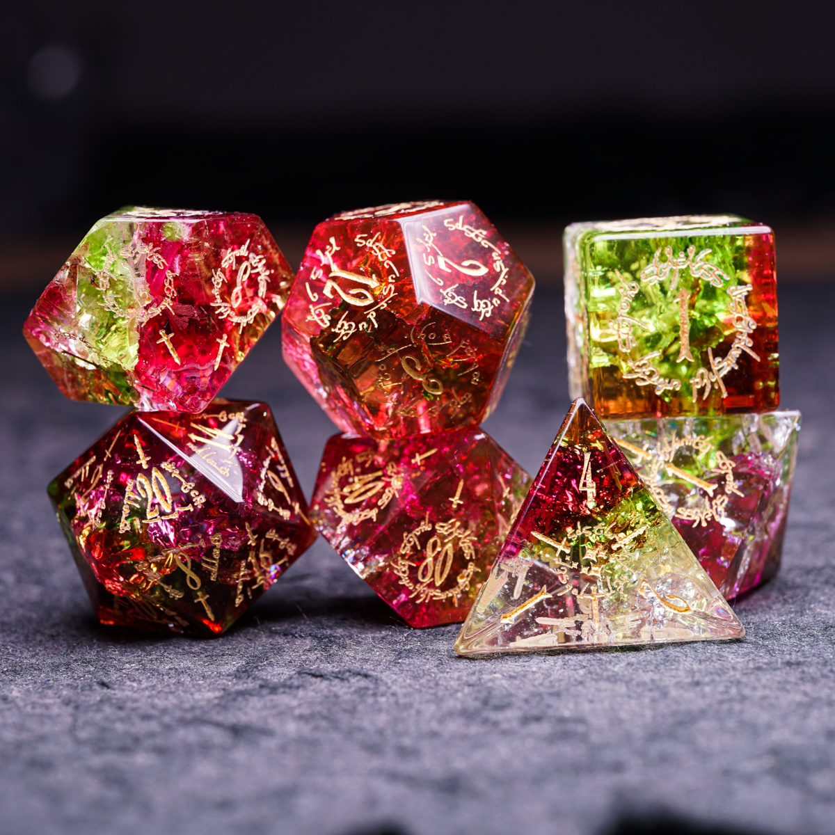 Red and Green Crackle Glass Dice Set - DragonStone