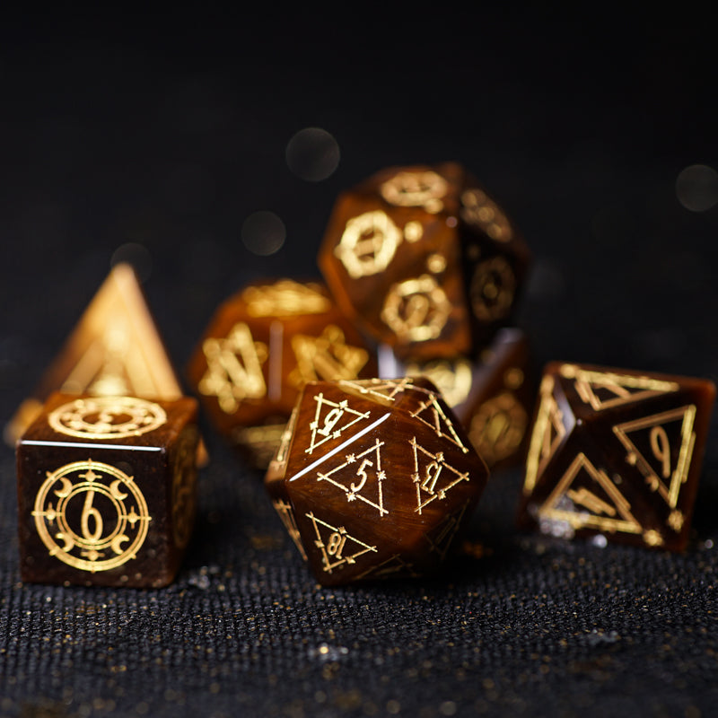 Celestial Palace · Warrior’s Eye · Tiger’s Eye Gemstone Engraved Dice Set