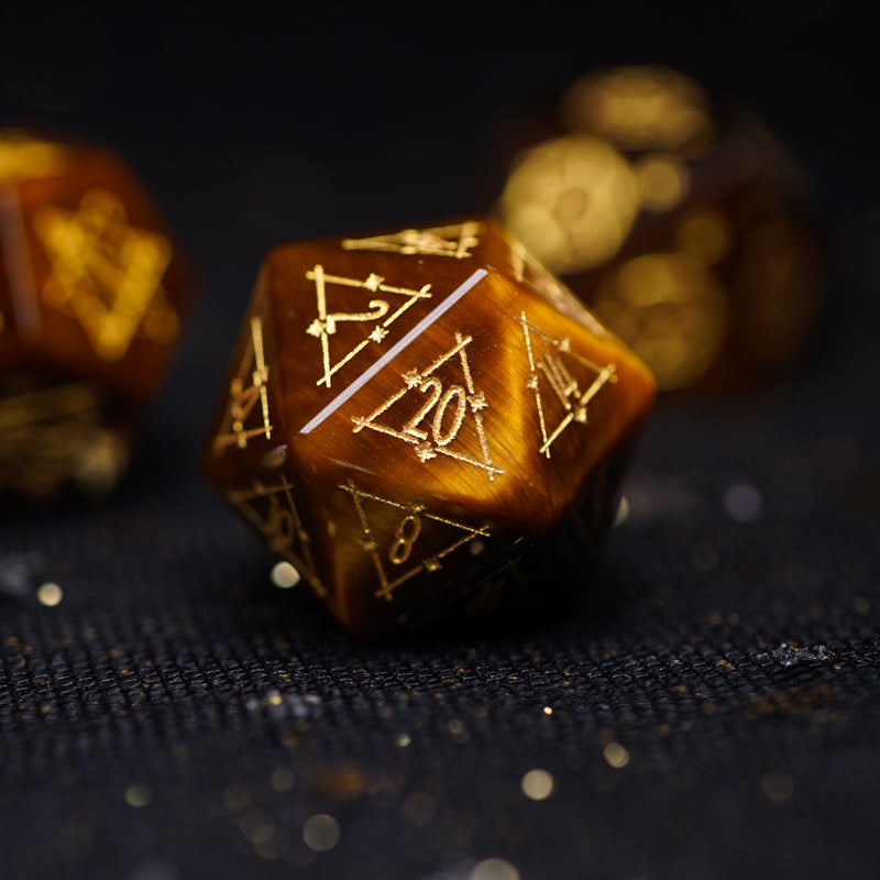 Celestial Palace · Warrior’s Eye · Tiger’s Eye Gemstone Engraved Dice Set