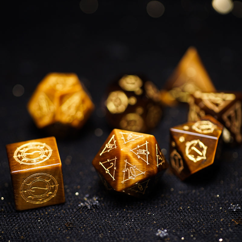 Celestial Palace · Warrior’s Eye · Tiger’s Eye Gemstone Engraved Dice Set