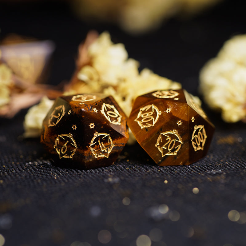 Celestial Palace · Warrior’s Eye · Tiger’s Eye Gemstone Engraved Dice Set