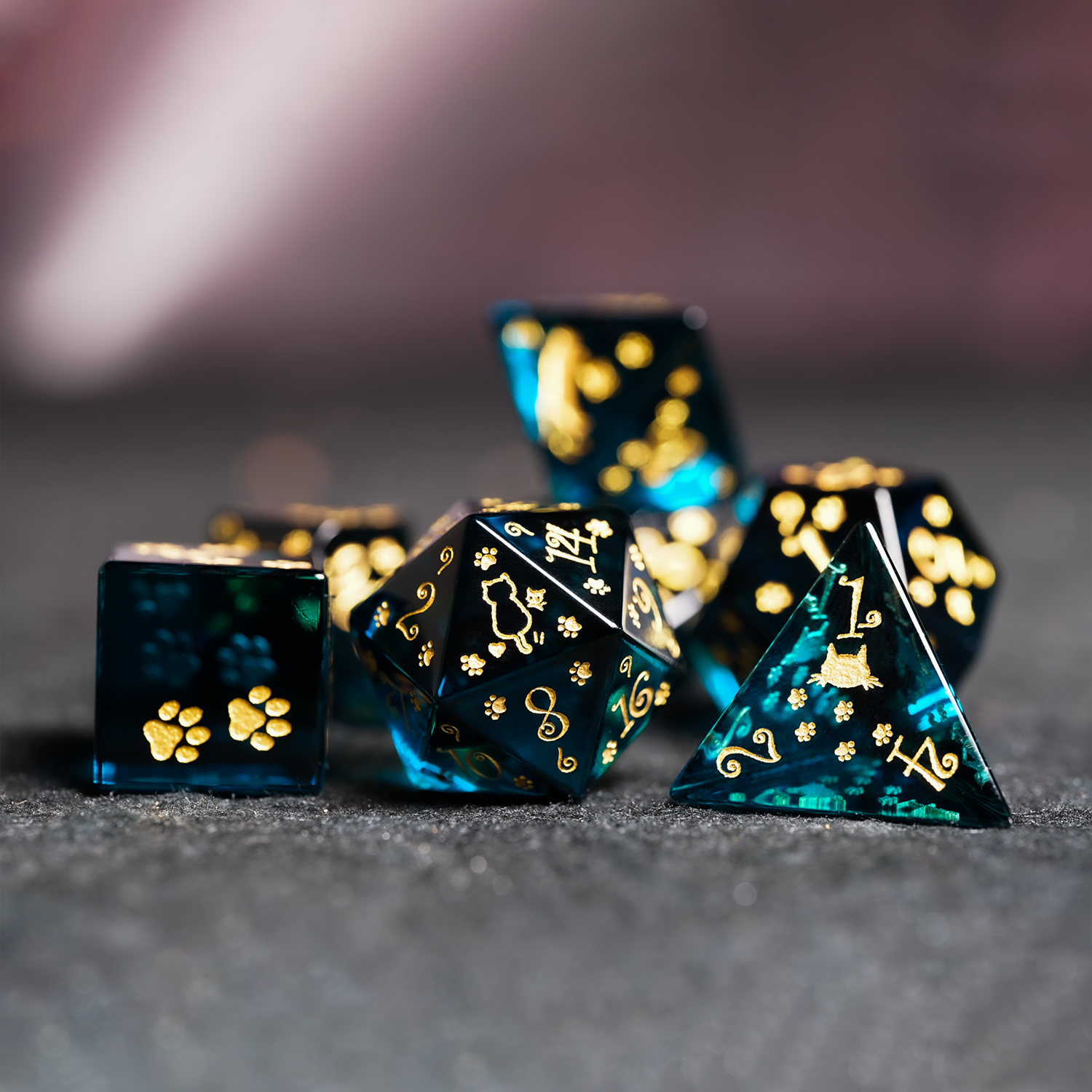 Starry Sky Kitty Aurora Engraved Gemstone Dice Set - DragonStone