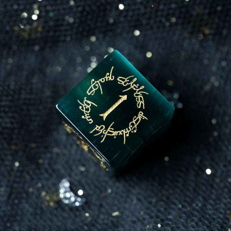 Midnight Seer · Emerald Cat’s Eye Engraved Gemstone Dice Set