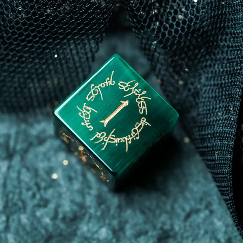 Midnight Seer · Emerald Cat’s Eye Engraved Gemstone Dice Set