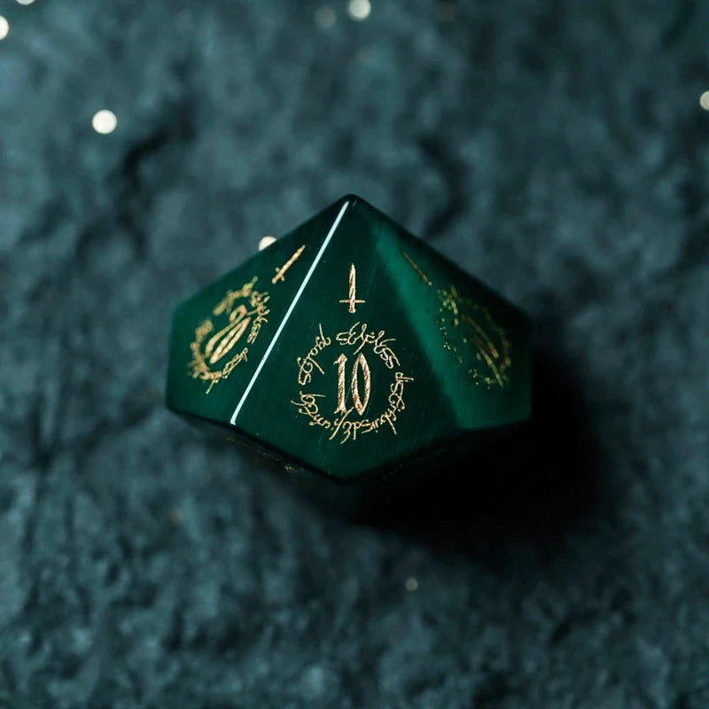 Midnight Seer · Emerald Cat’s Eye Engraved Gemstone Dice Set