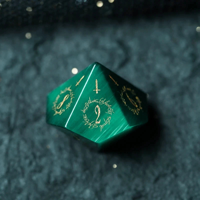 Midnight Seer · Emerald Cat’s Eye Engraved Gemstone Dice Set