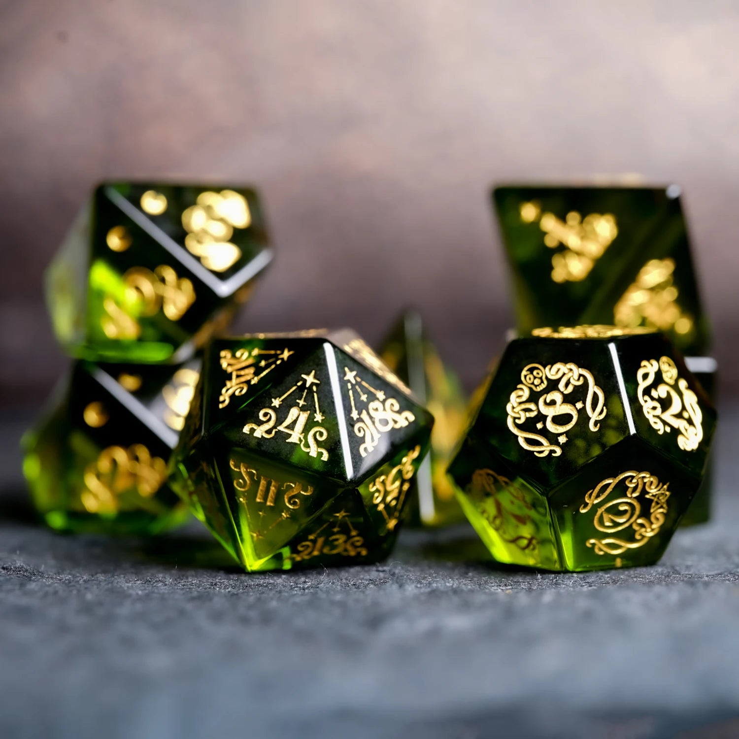 Cthulhu Tentacle Pattern Peridot Engraved Gemstone Dice Set - DragonStone