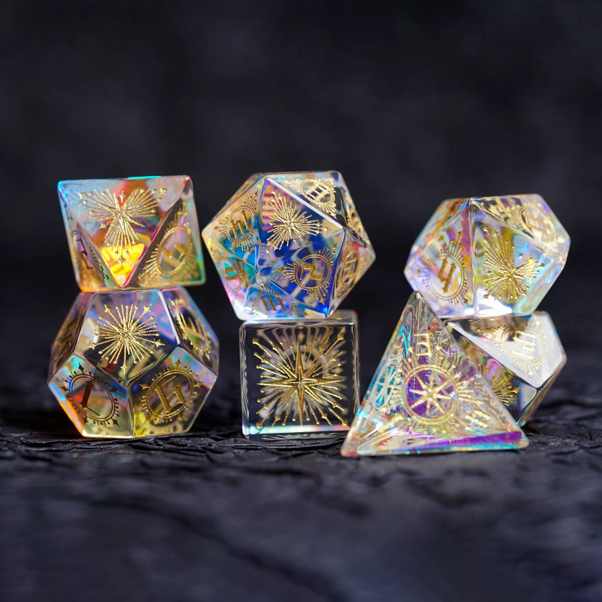 Iridescent Engraved Dichroic Prism Glass Dice Set - DragonStone