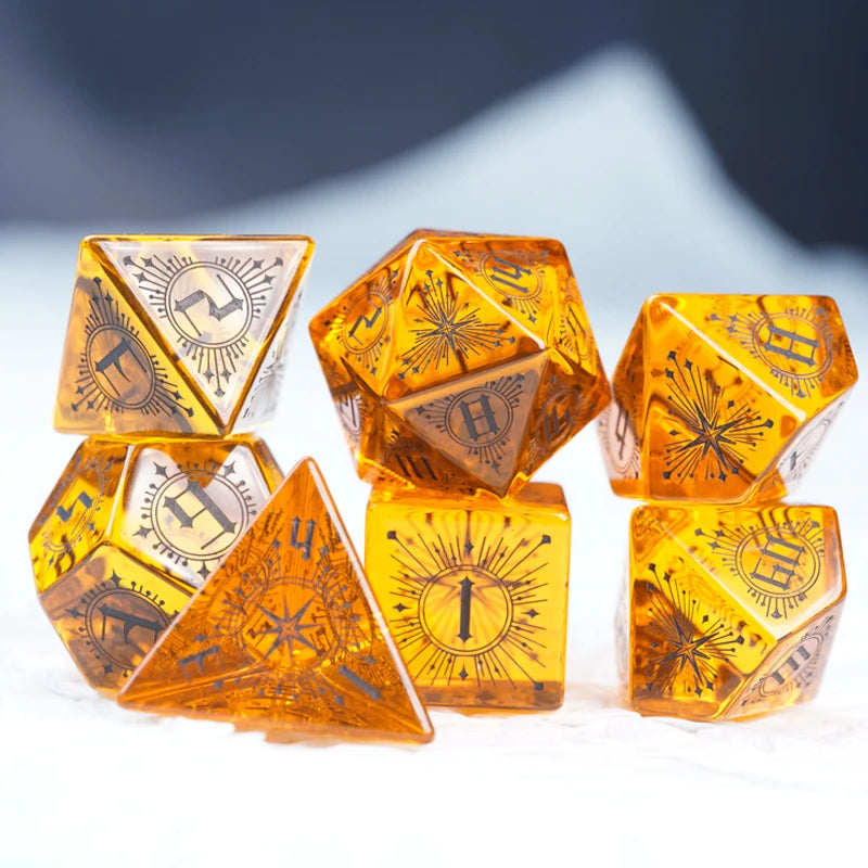 Temporal Singularity Orange Zircon Engraved Gemstone Dice Set - DragonStone