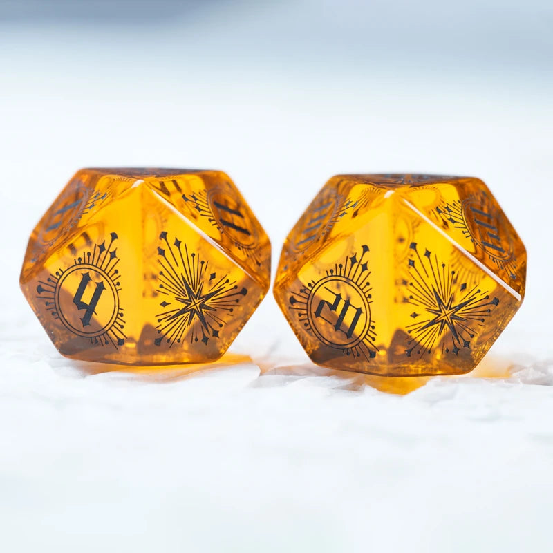 Temporal Singularity Orange Zircon Engraved Gemstone Dice Set - DragonStone