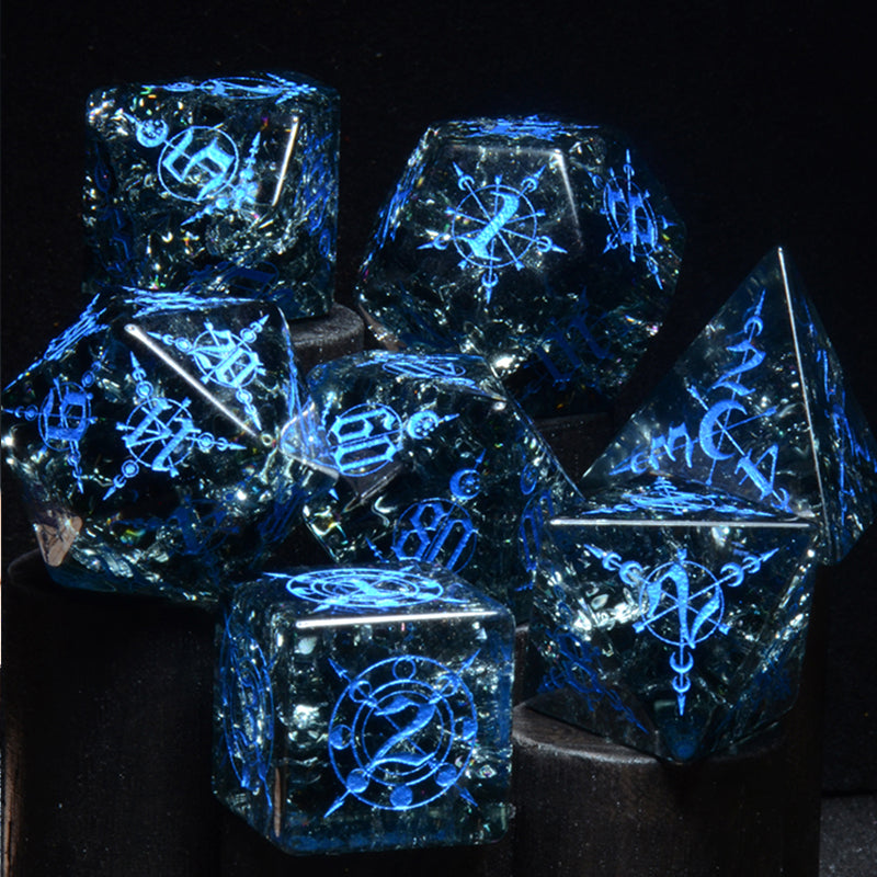 Magic Mark Dark Gray Cracked Engraved Glass Dice Set