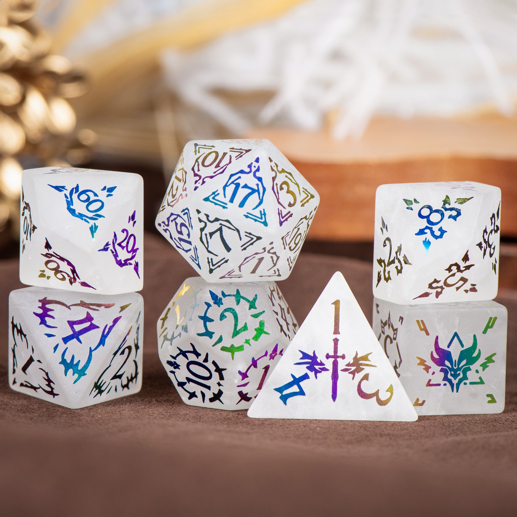 Cthulhu Electroplated White Crystal emstone Engraved Dice - DragonStone