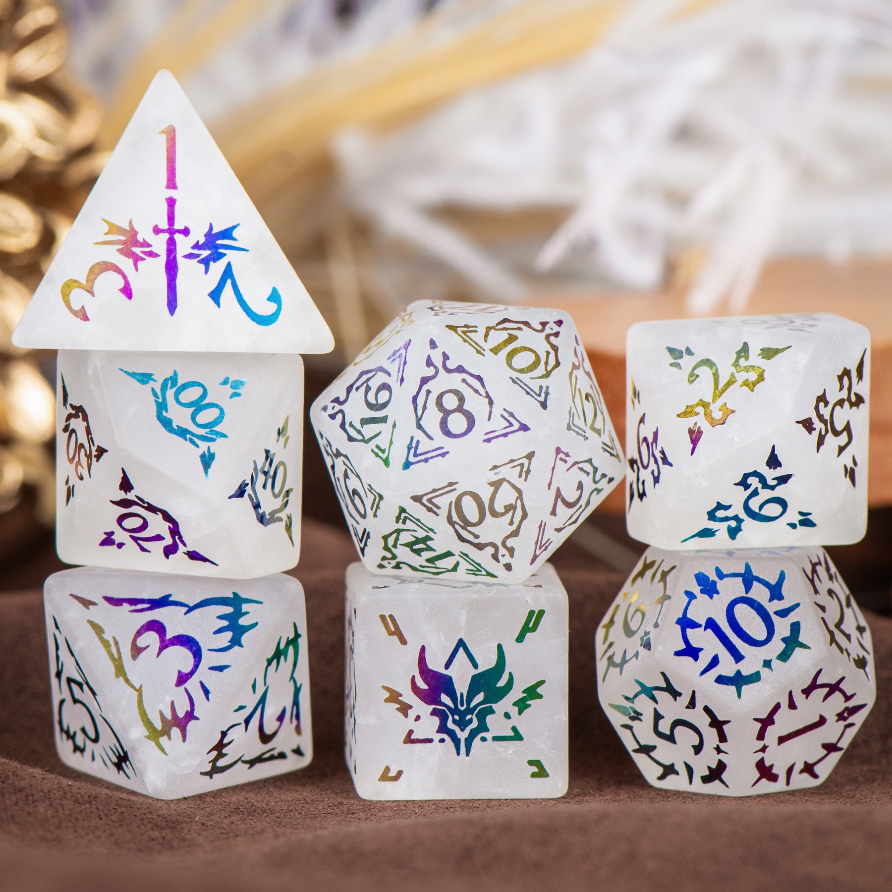 Cthulhu Electroplated White Crystal emstone Engraved Dice - DragonStone
