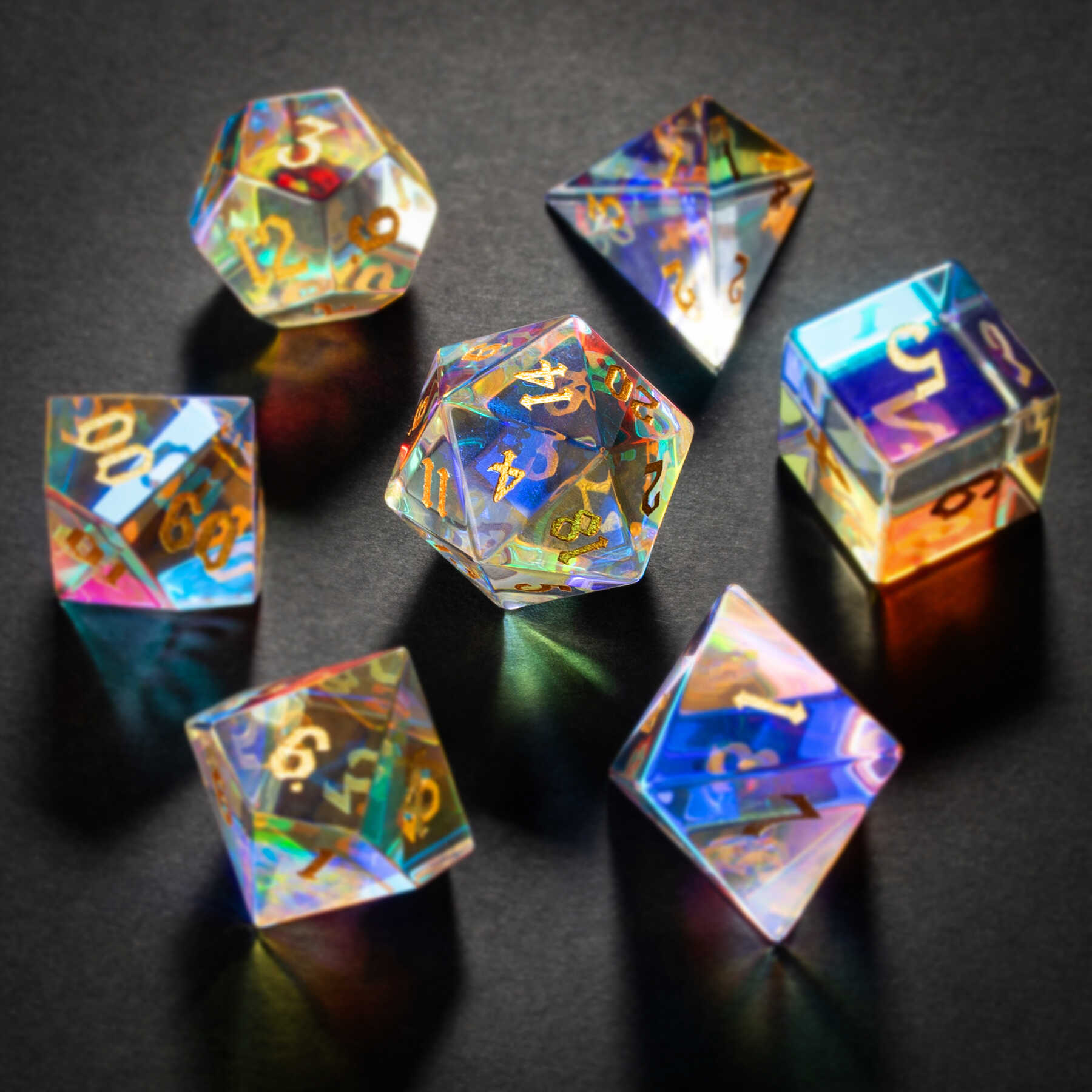 Golden Sand Engraved Dichroic Prism Glass Dice Set - DragonStone