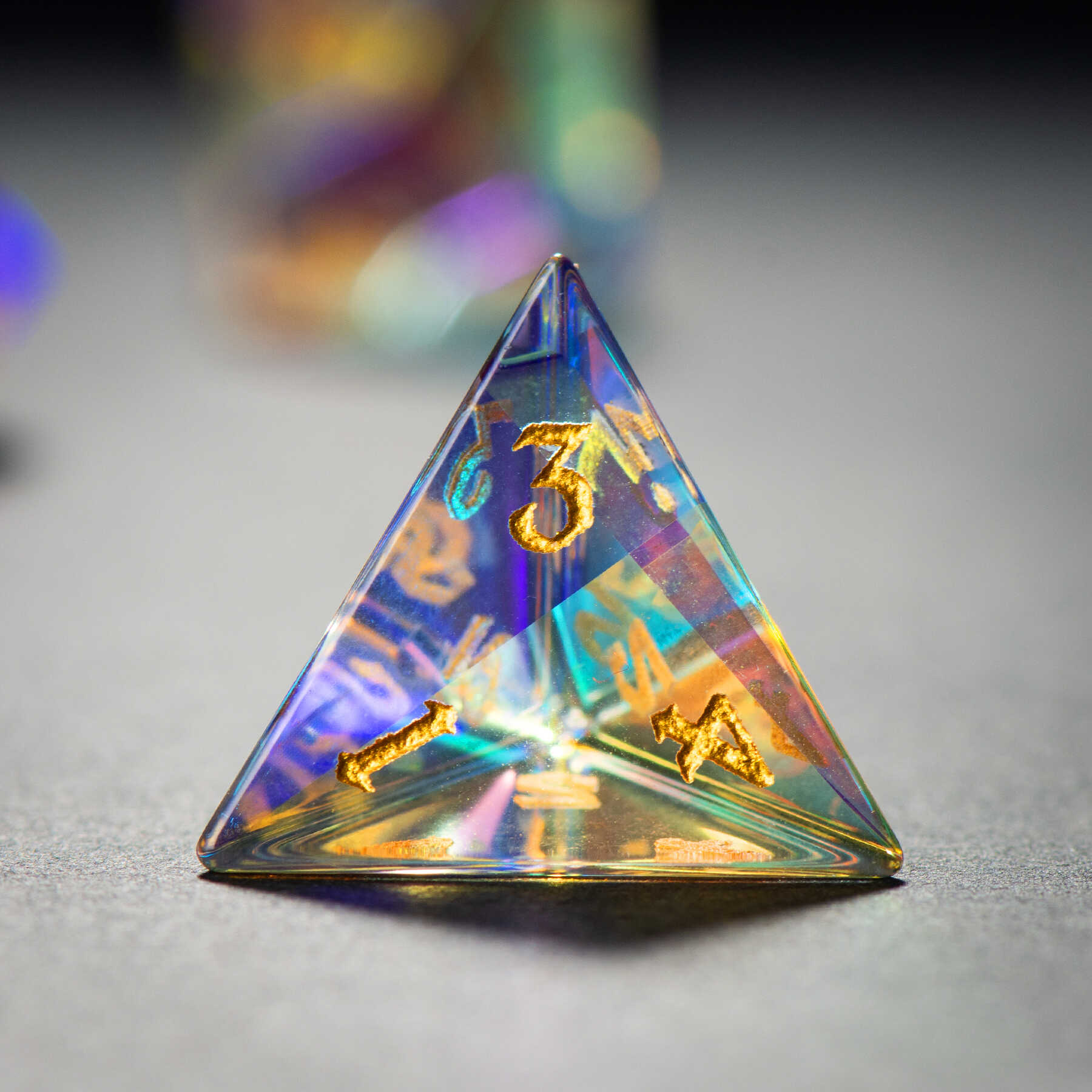 Golden Sand Engraved Dichroic Prism Glass Dice Set - DragonStone