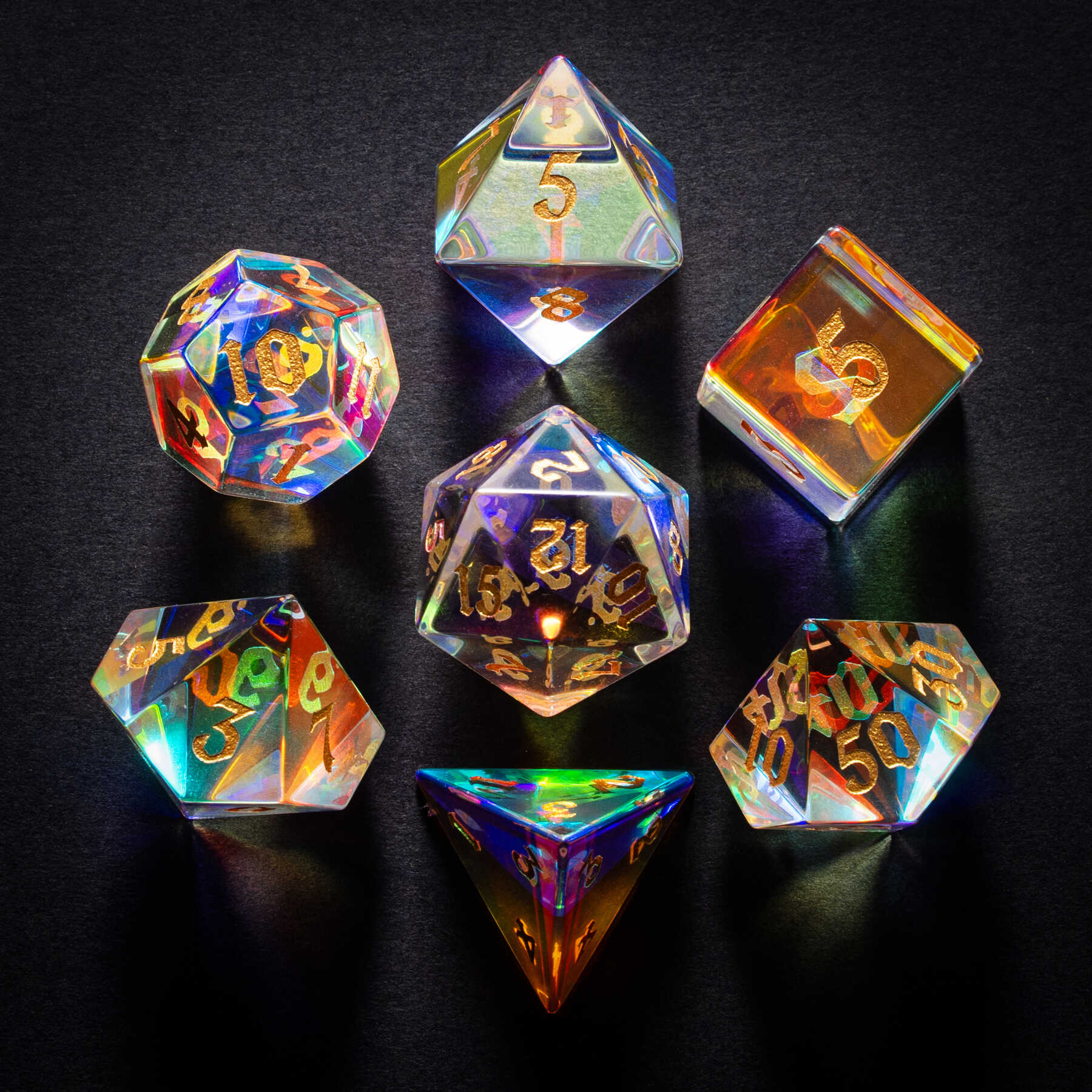Golden Sand Engraved Dichroic Prism Glass Dice Set - DragonStone