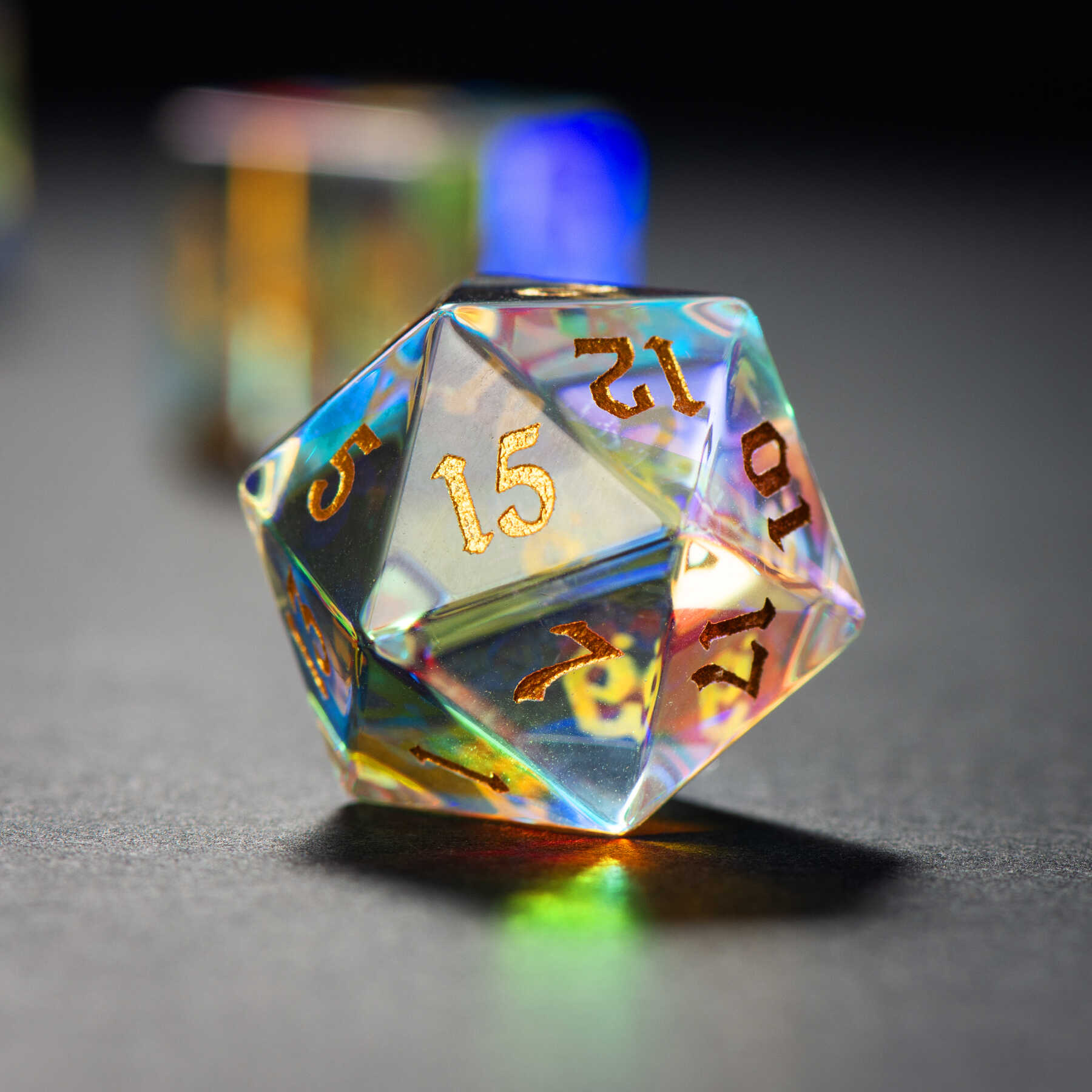 Golden Sand Engraved Dichroic Prism Glass Dice Set - DragonStone