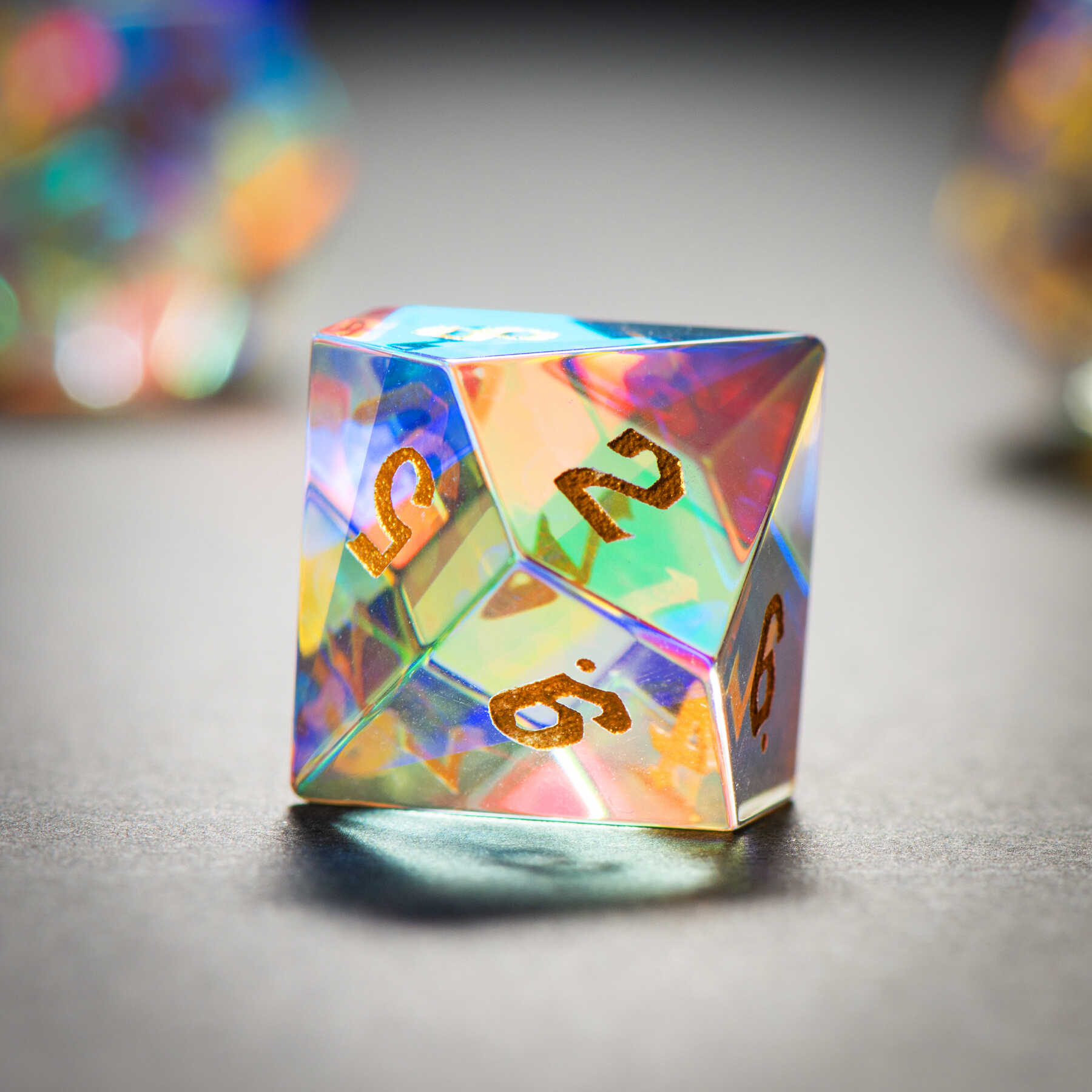 Golden Sand Engraved Dichroic Prism Glass Dice Set - DragonStone
