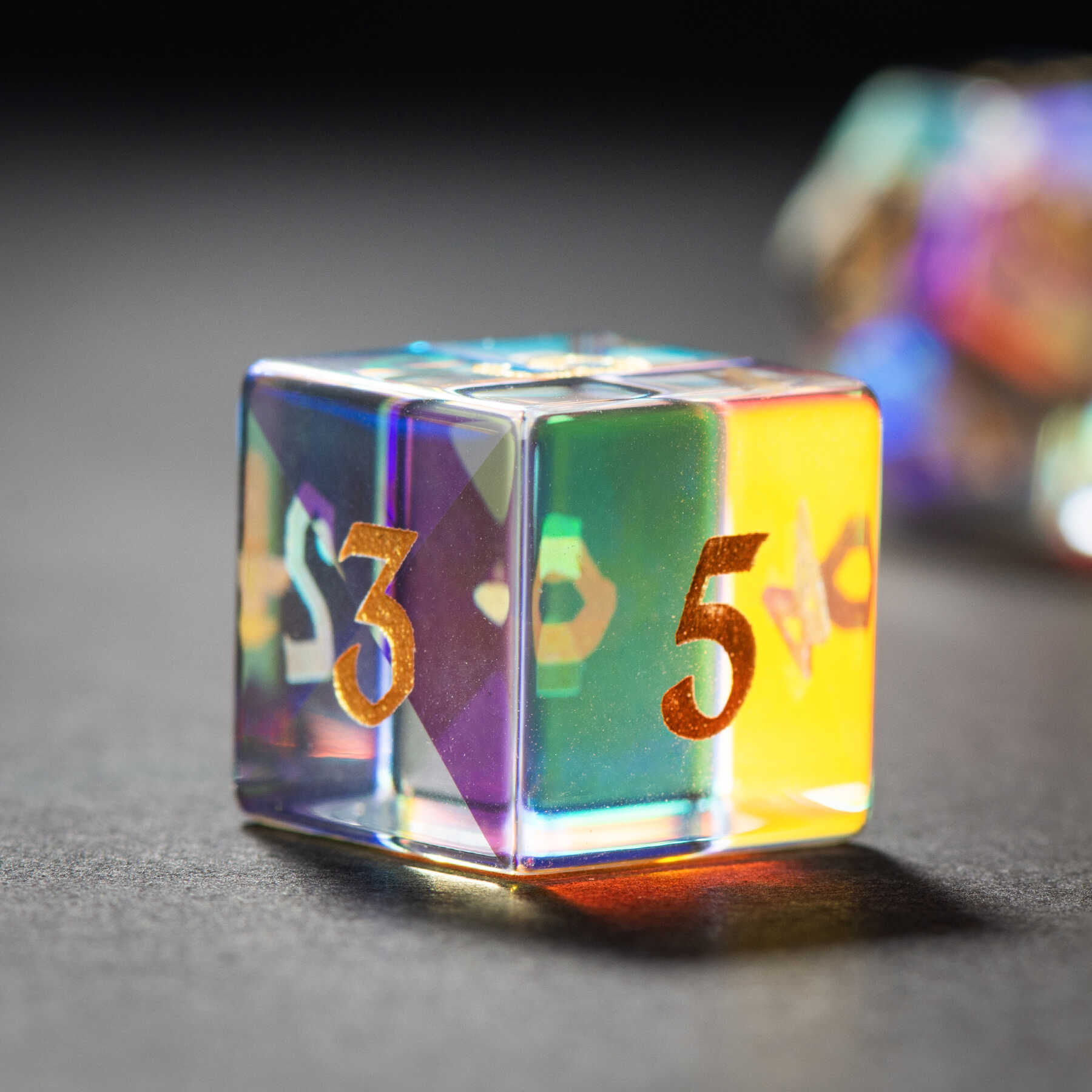 Golden Sand Engraved Dichroic Prism Glass Dice Set - DragonStone
