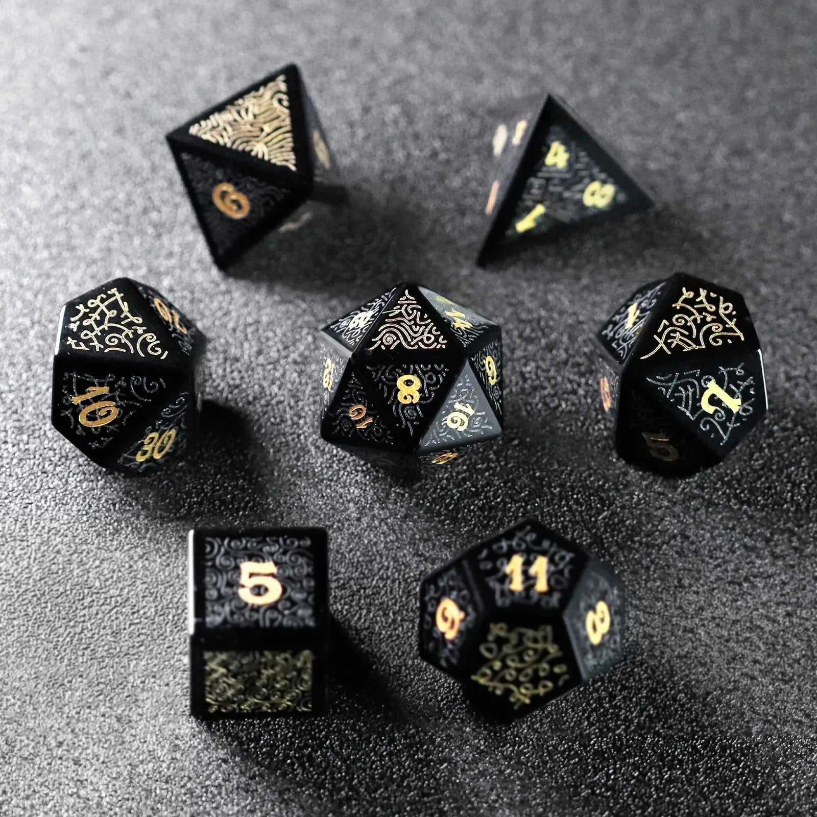 Kishar-Lin Obsidian Engraved Gemstone Dice Set